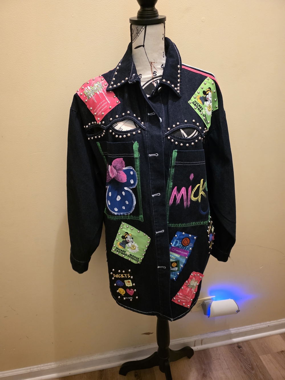 Dark Blue Denim Jacket with Colorful Patchwork
